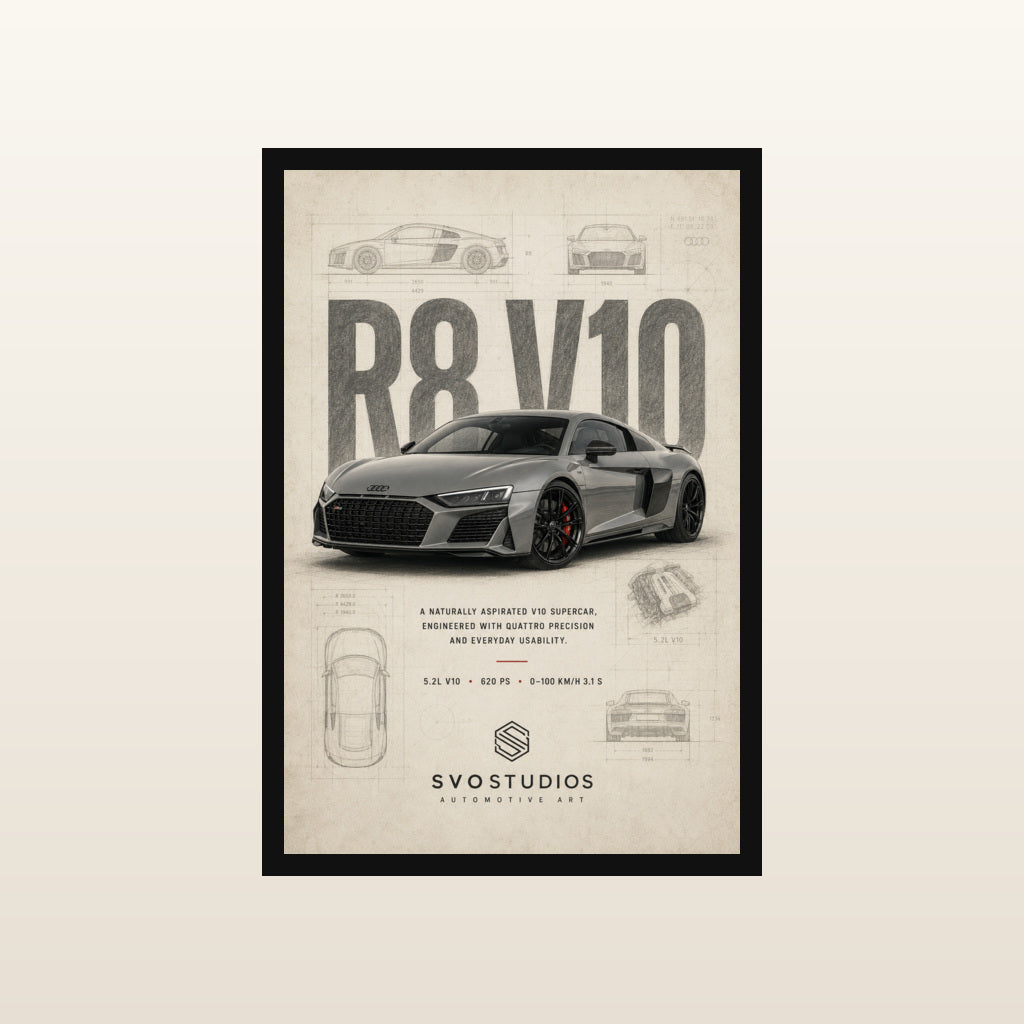 Audi R8 V10 Technical Blueprint in Classic black frame