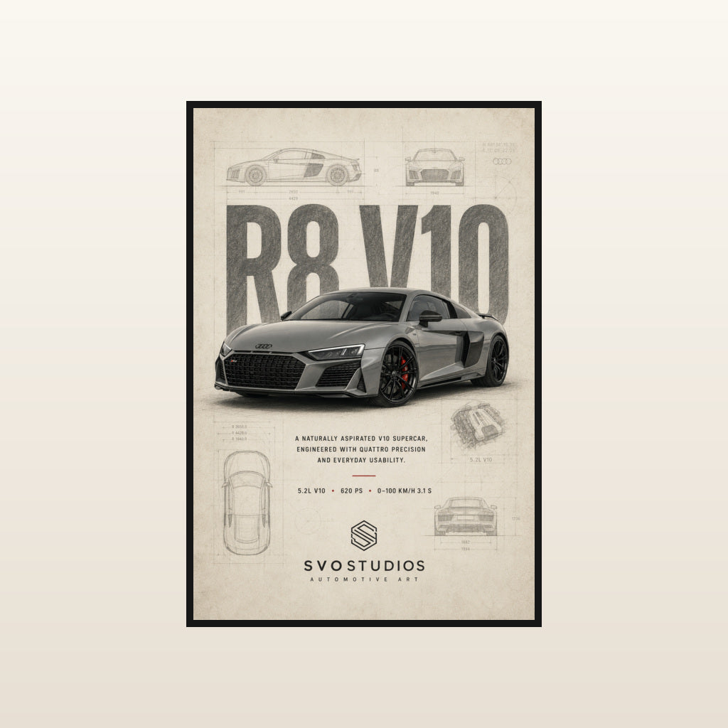 Audi R8 V10 Technical Blueprint in Standard black frame