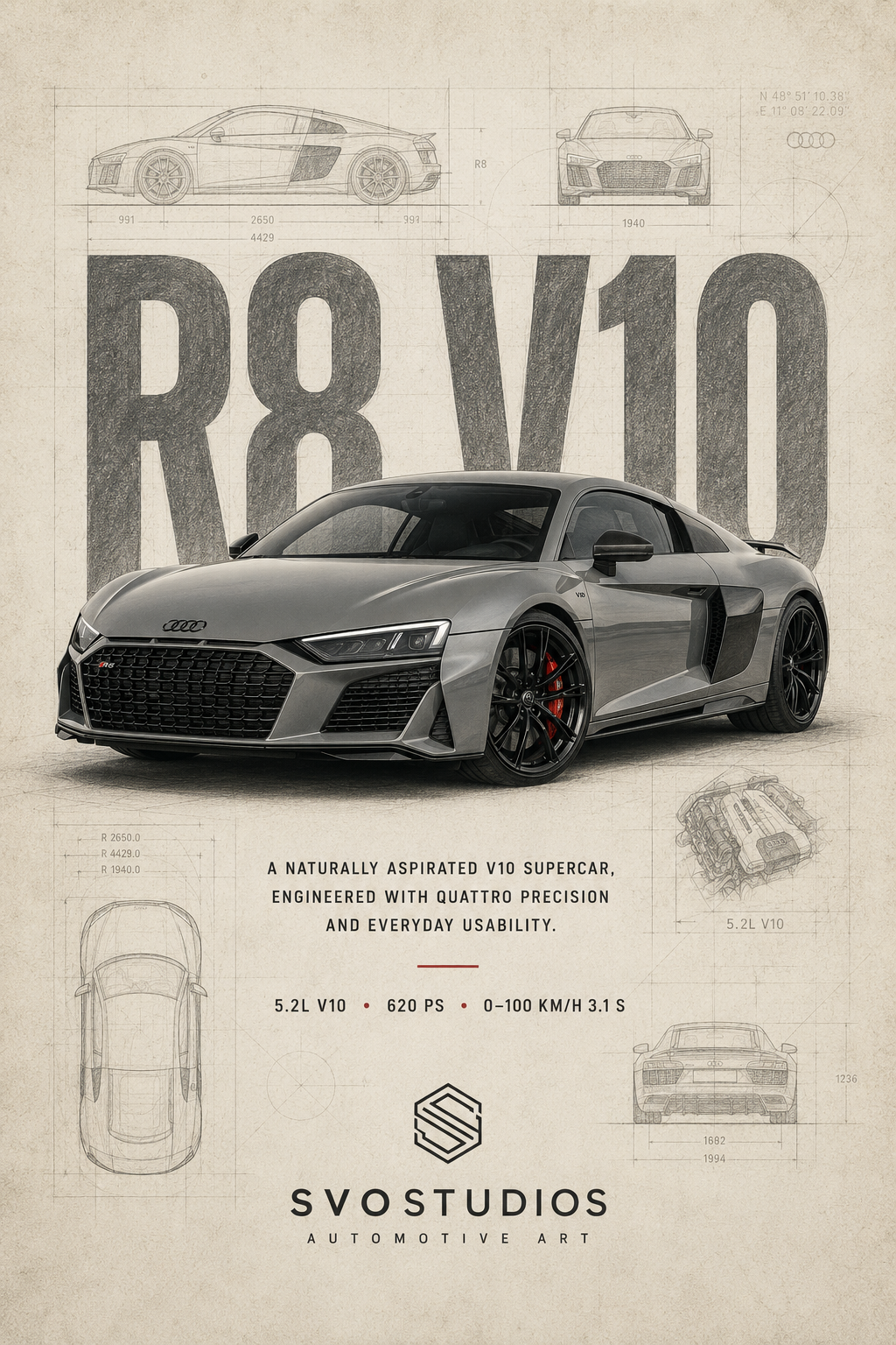 Audi R8 V10 technical blueprint artwork by SVOSTUDIOS