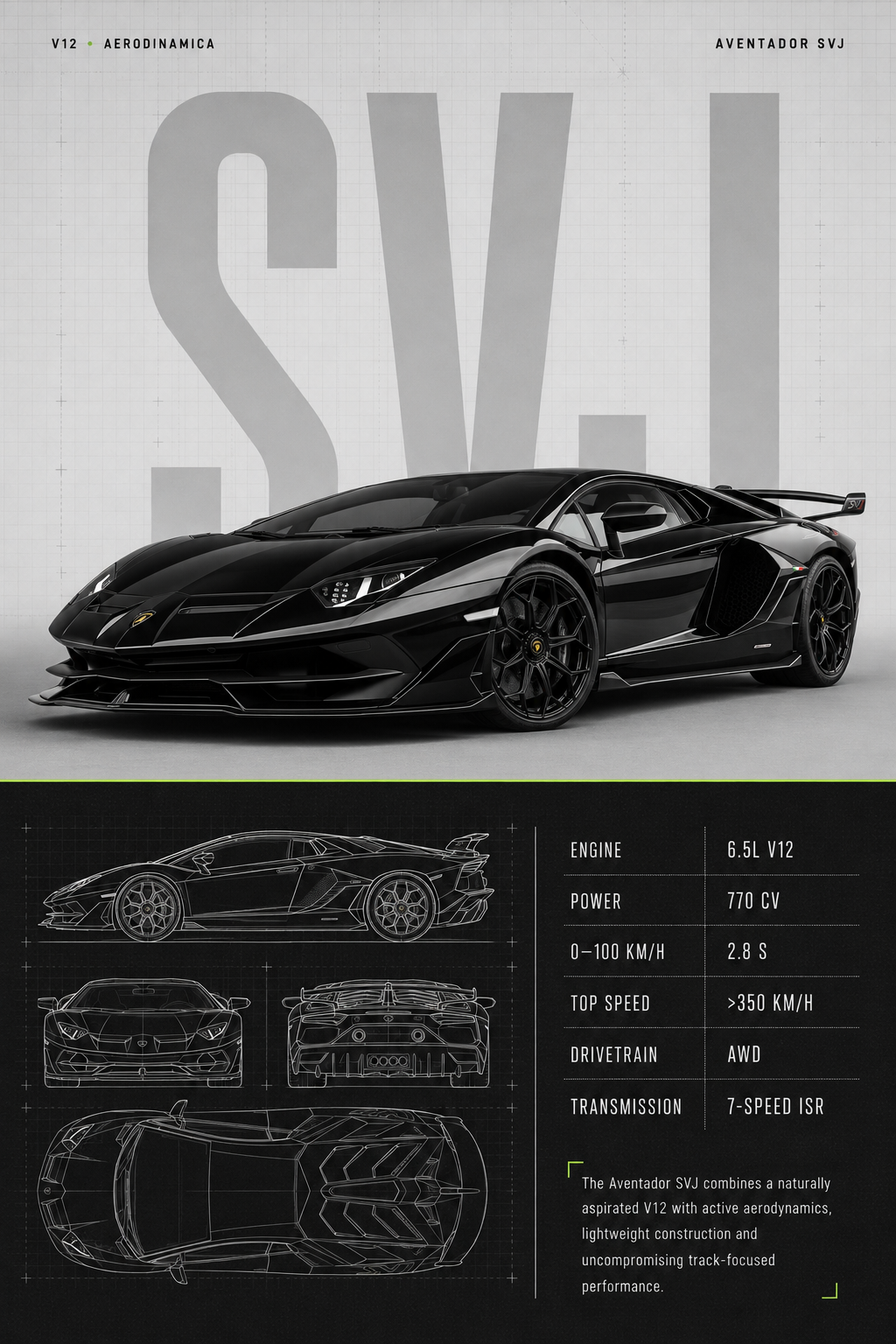 Black Aventador SVJ Technical Blueprint artwork