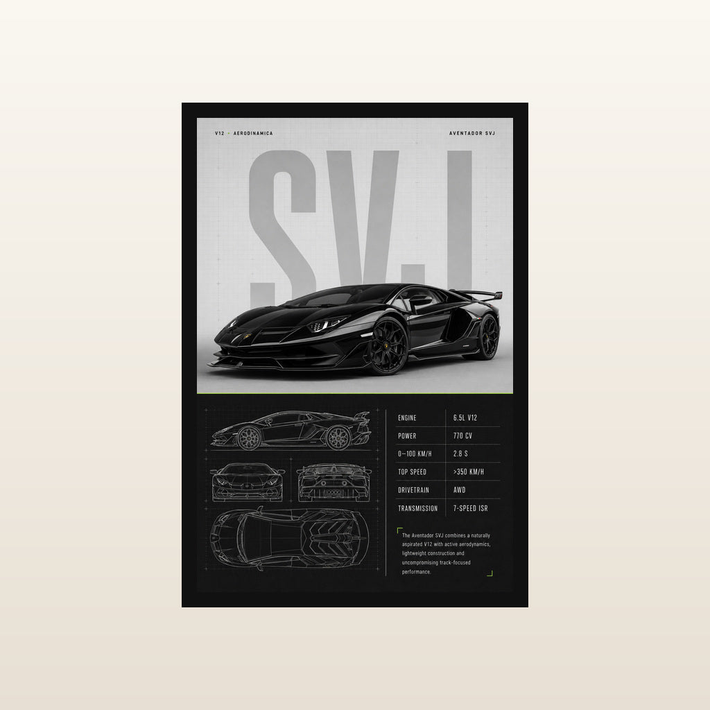 Black Aventador SVJ Technical Blueprint in Classic black frame