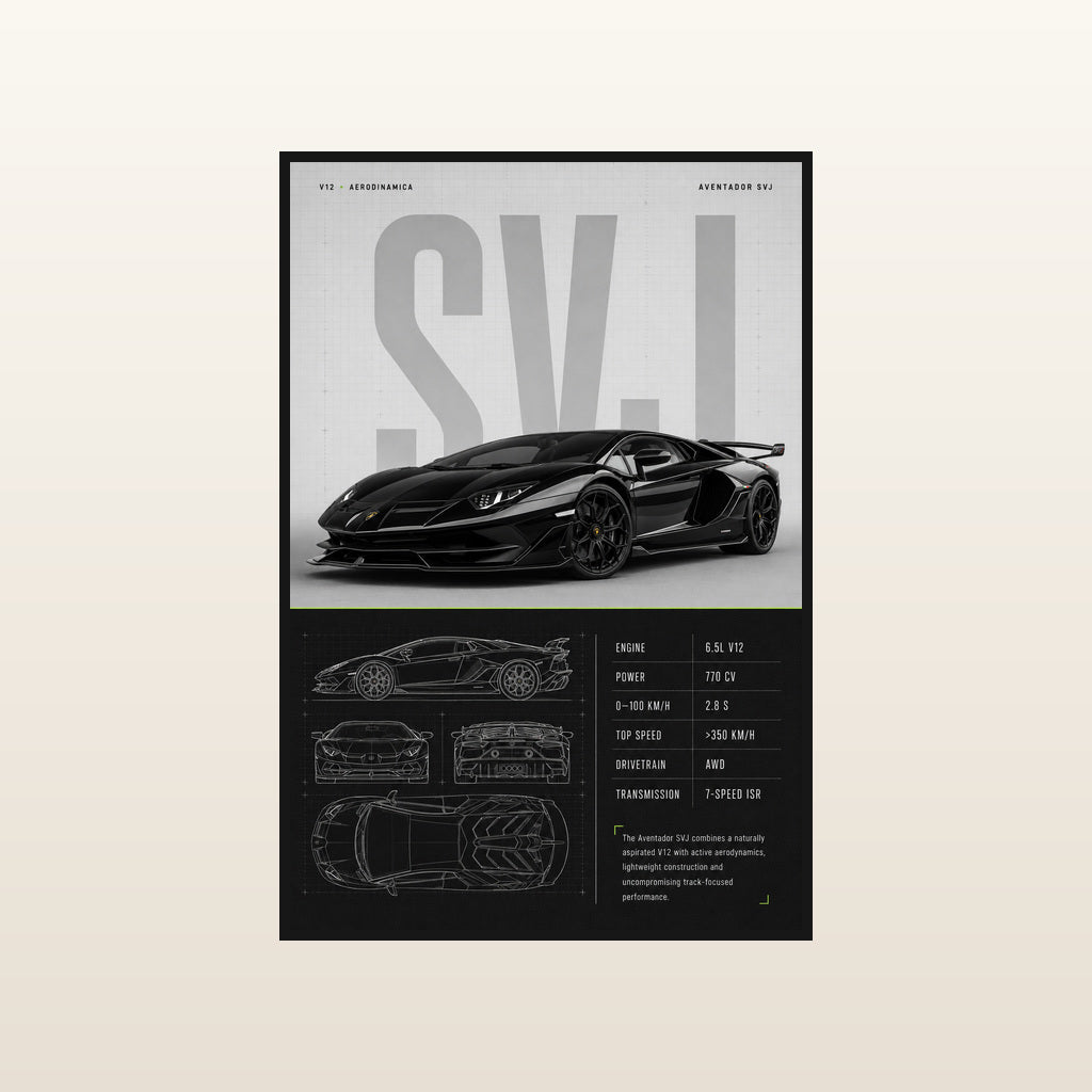 Black Aventador SVJ Technical Blueprint in Standard black frame
