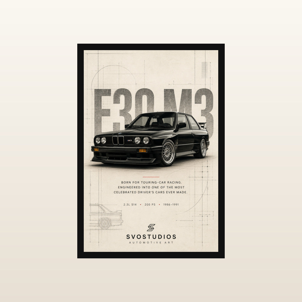Black BMW E30 M3 Heritage Blueprint in Classic black frame