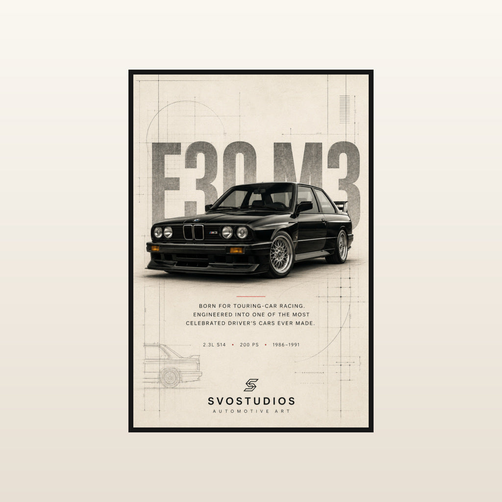 Black BMW E30 M3 Heritage Blueprint in Standard black frame