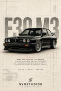 Black BMW E30 M3 heritage blueprint artwork by SVOSTUDIOS