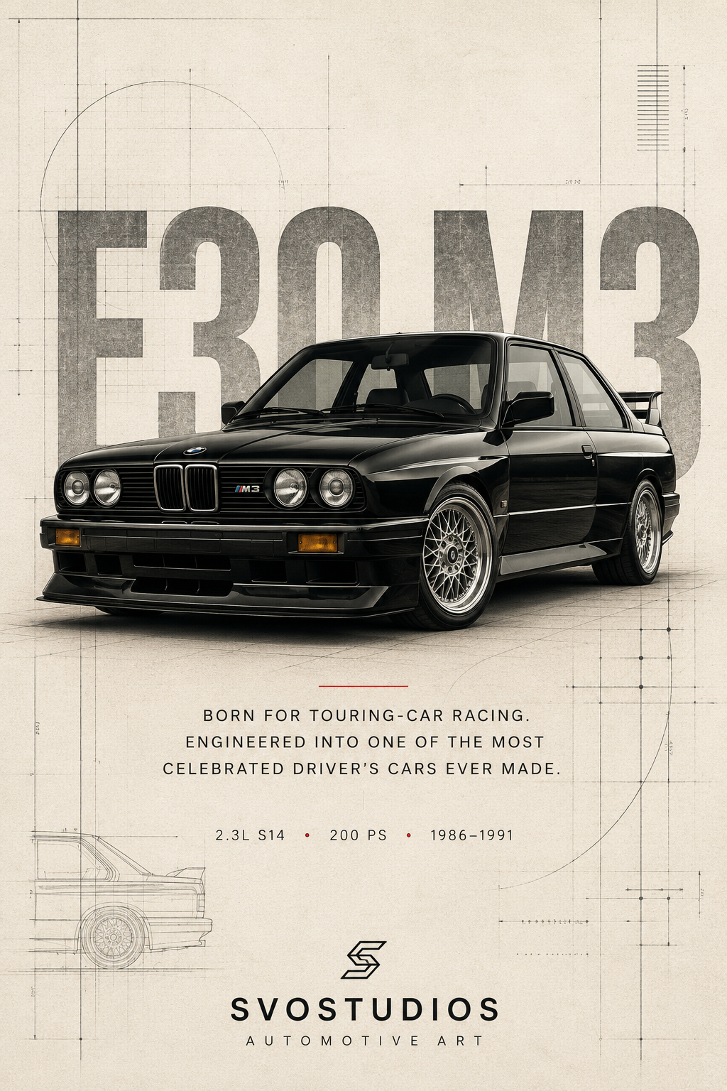 Black BMW E30 M3 heritage blueprint artwork by SVOSTUDIOS