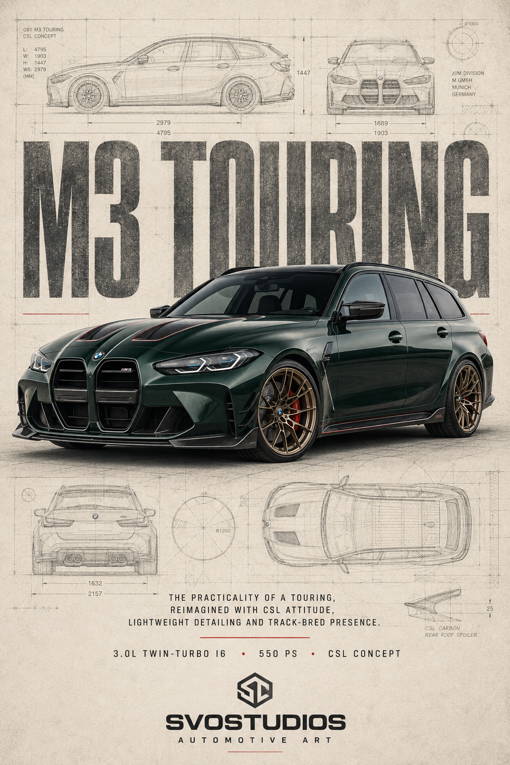 BMW M3 Touring CSL concept blueprint artwork by SVOSTUDIOS