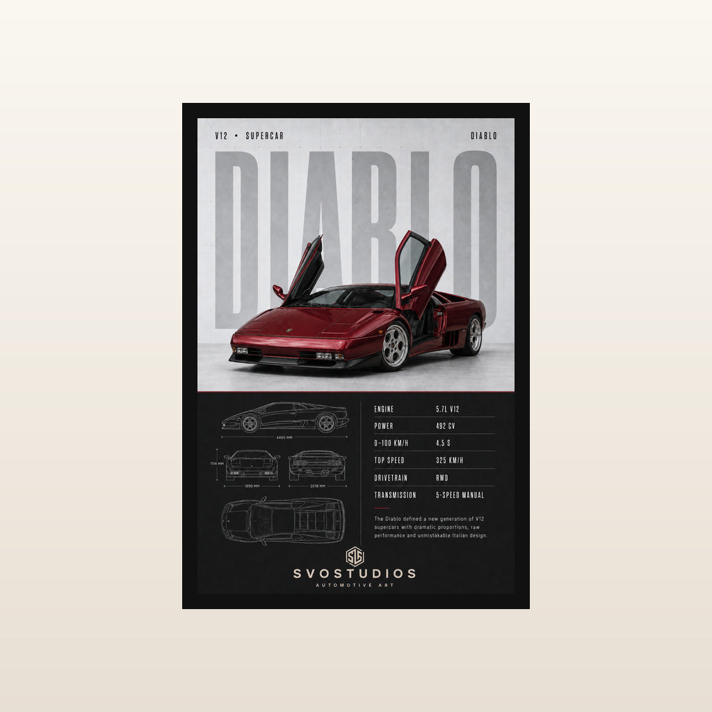 Burgundy Lamborghini Diablo Technical Blueprint in Classic black frame