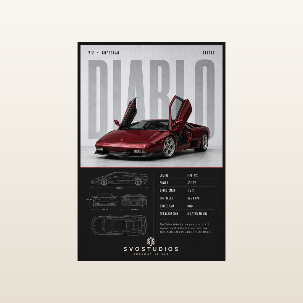 Burgundy Lamborghini Diablo Technical Blueprint in Standard black frame