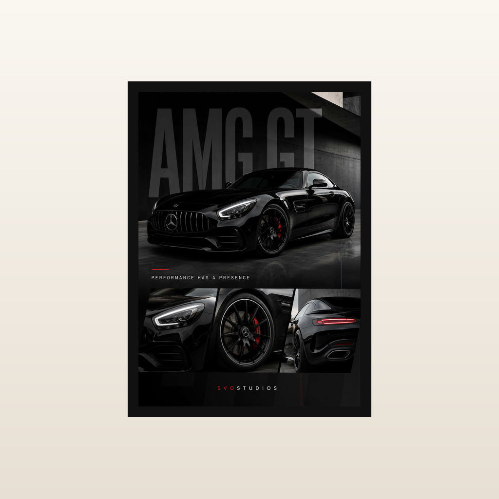 Gloss Black AMG GT Automotive Wall Art in Classic black frame