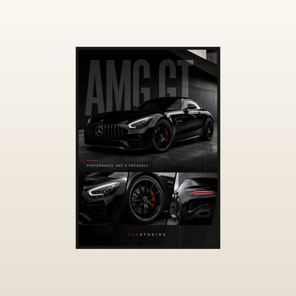 Gloss Black AMG GT Automotive Wall Art in Standard black frame