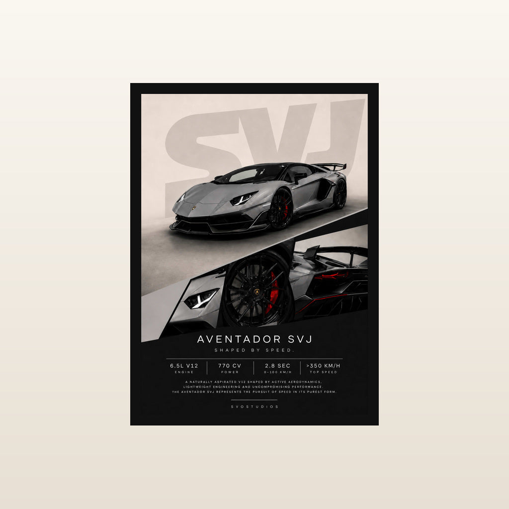 Grey Aventador SVJ Technical Speed Profile in Classic black frame