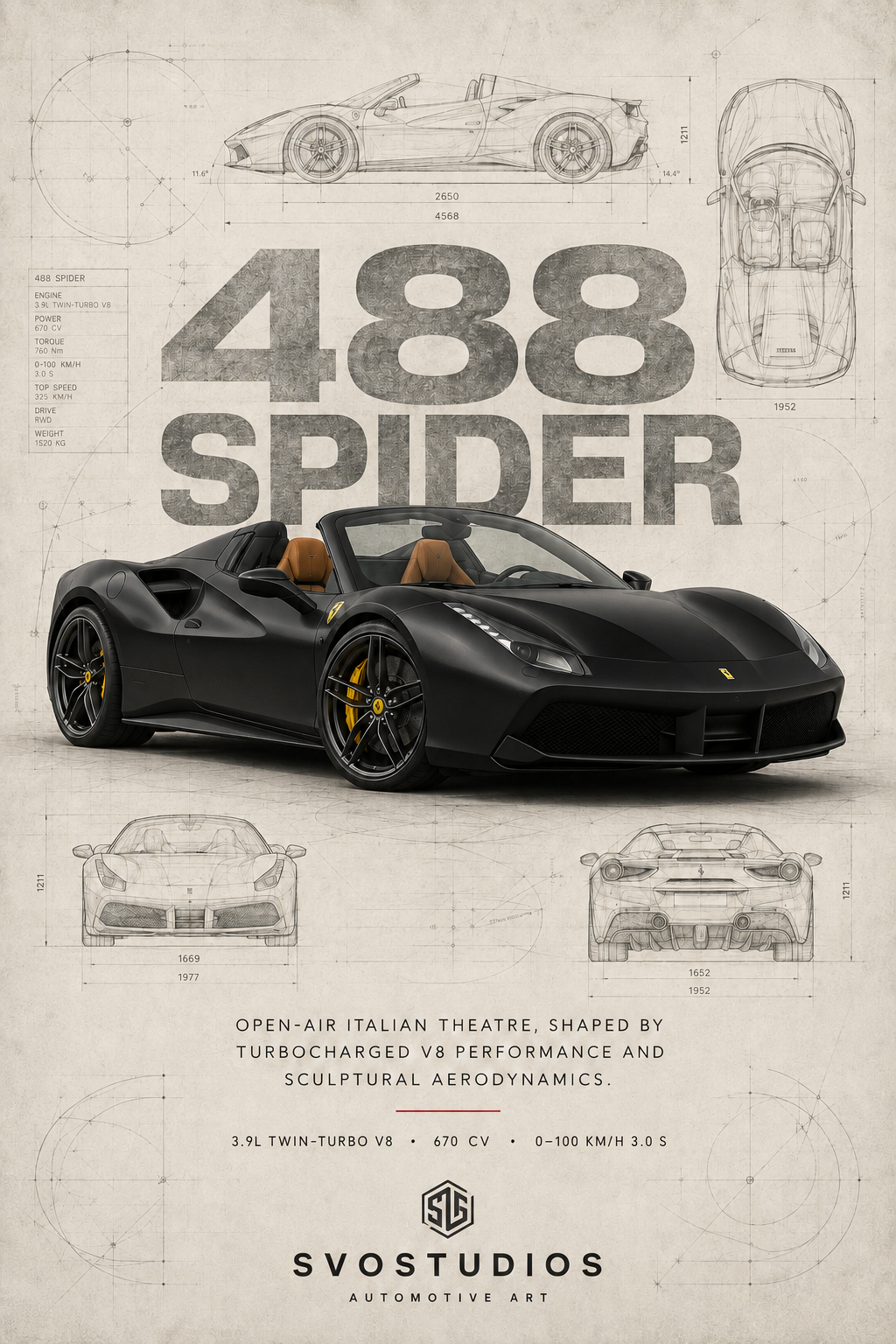 Matte black Ferrari 488 Spider technical blueprint artwork by SVOSTUDIOS