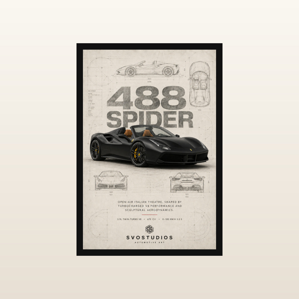 Matte Black Ferrari 488 Spider Blueprint in Classic black frame