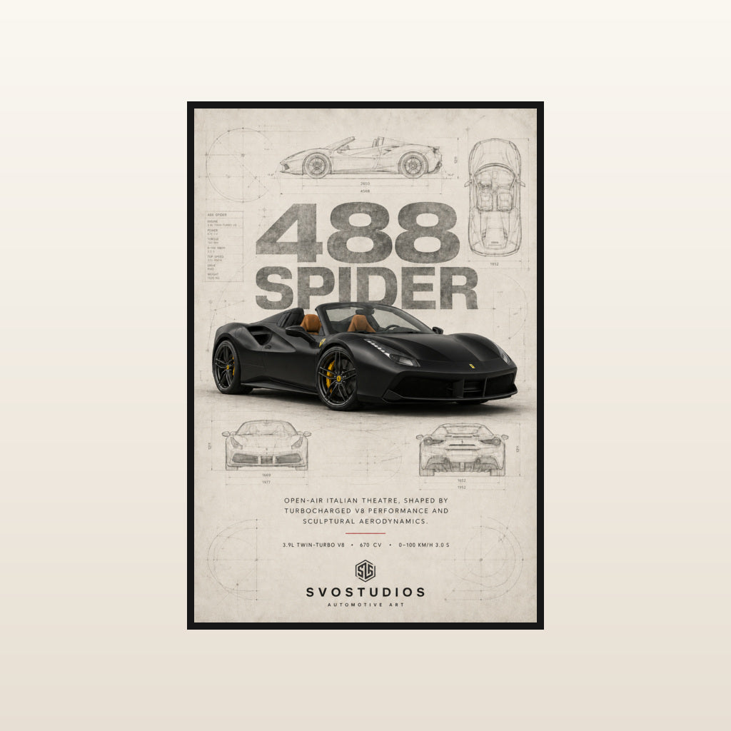 Matte Black Ferrari 488 Spider Blueprint in Standard black frame