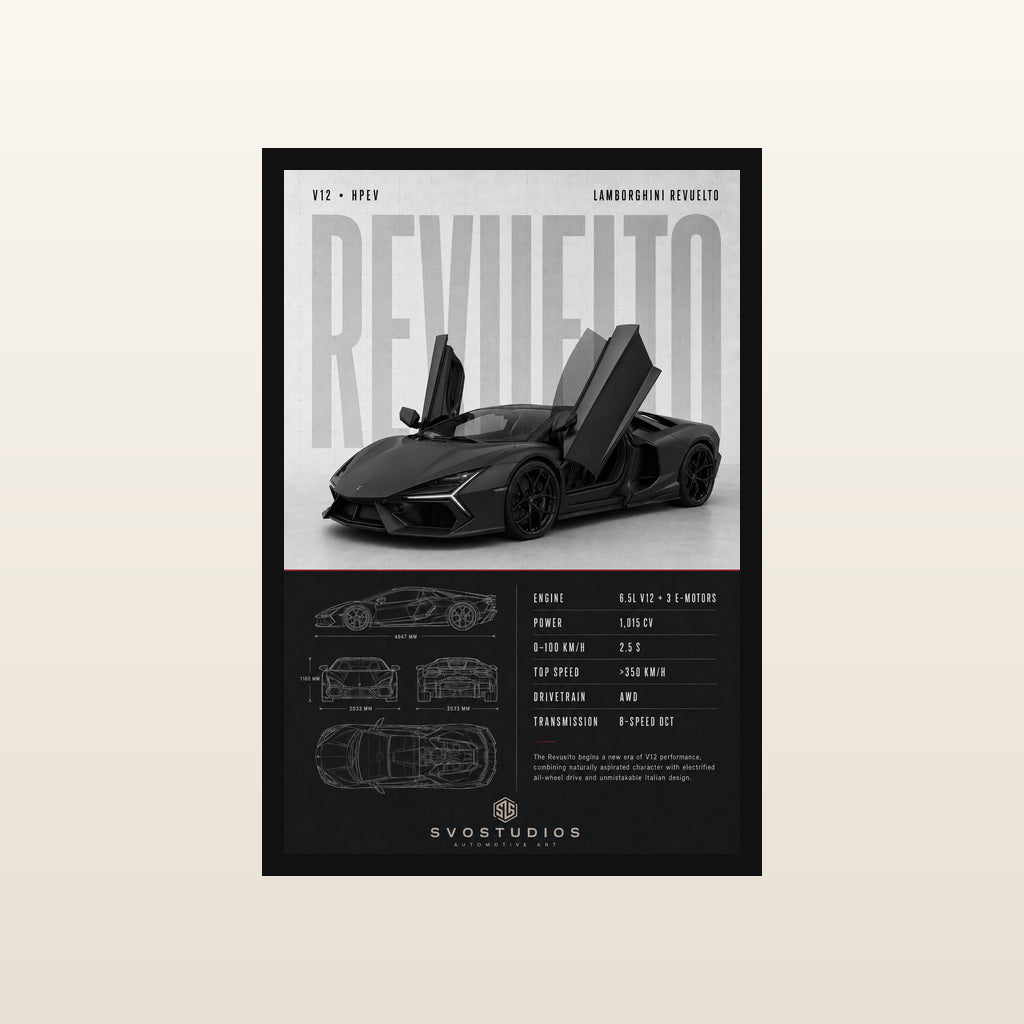 Matte Black Revuelto Split-Panel Technical Blueprint in Classic black frame