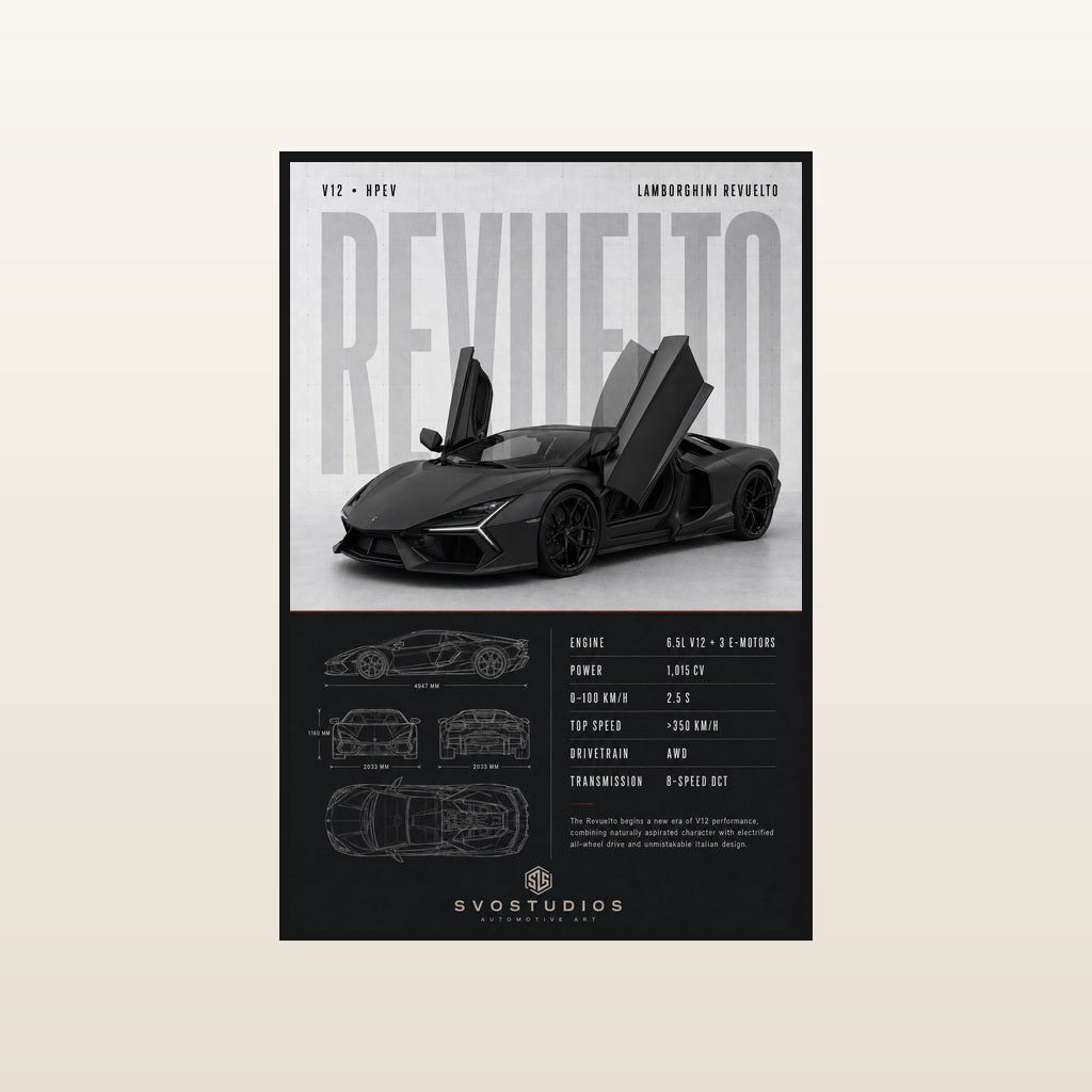 Matte Black Revuelto Split-Panel Technical Blueprint in Standard black frame