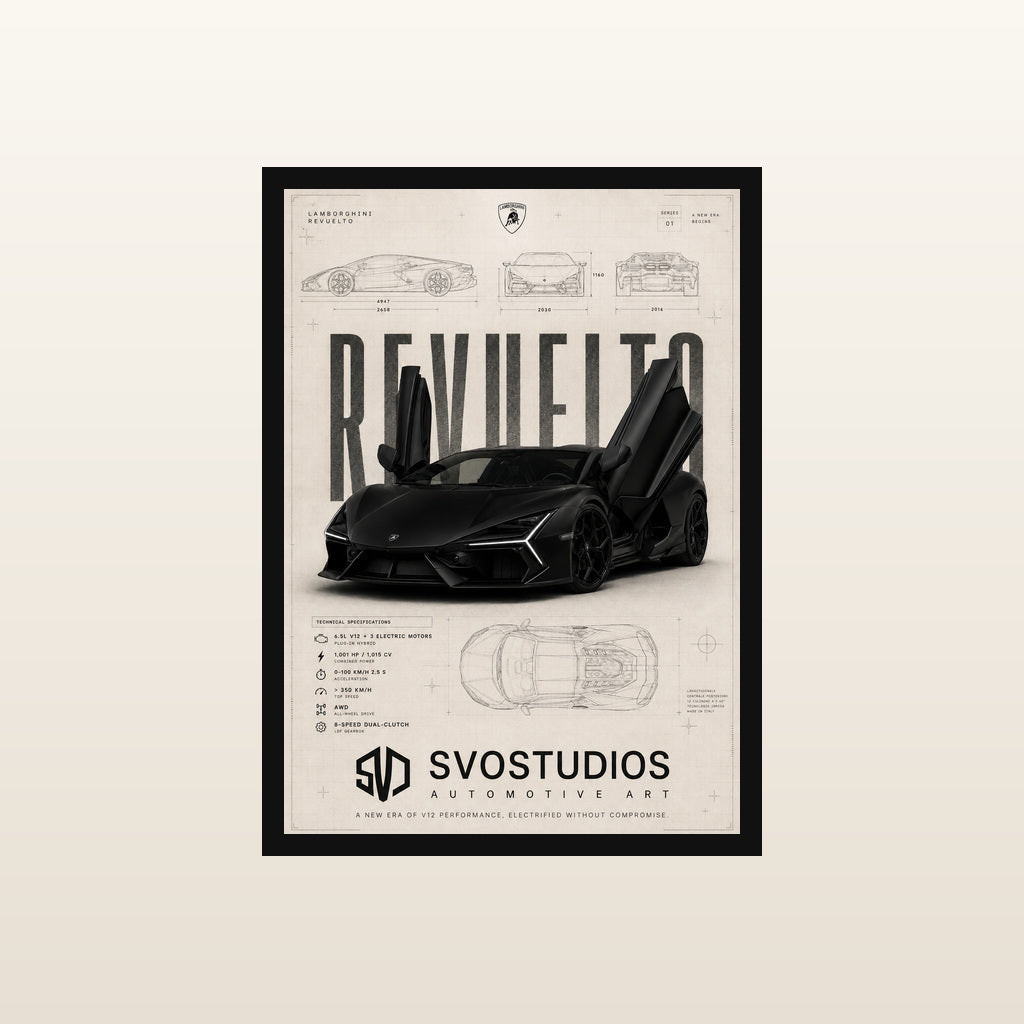 Matte Black Revuelto Warm Technical Blueprint in Classic black frame