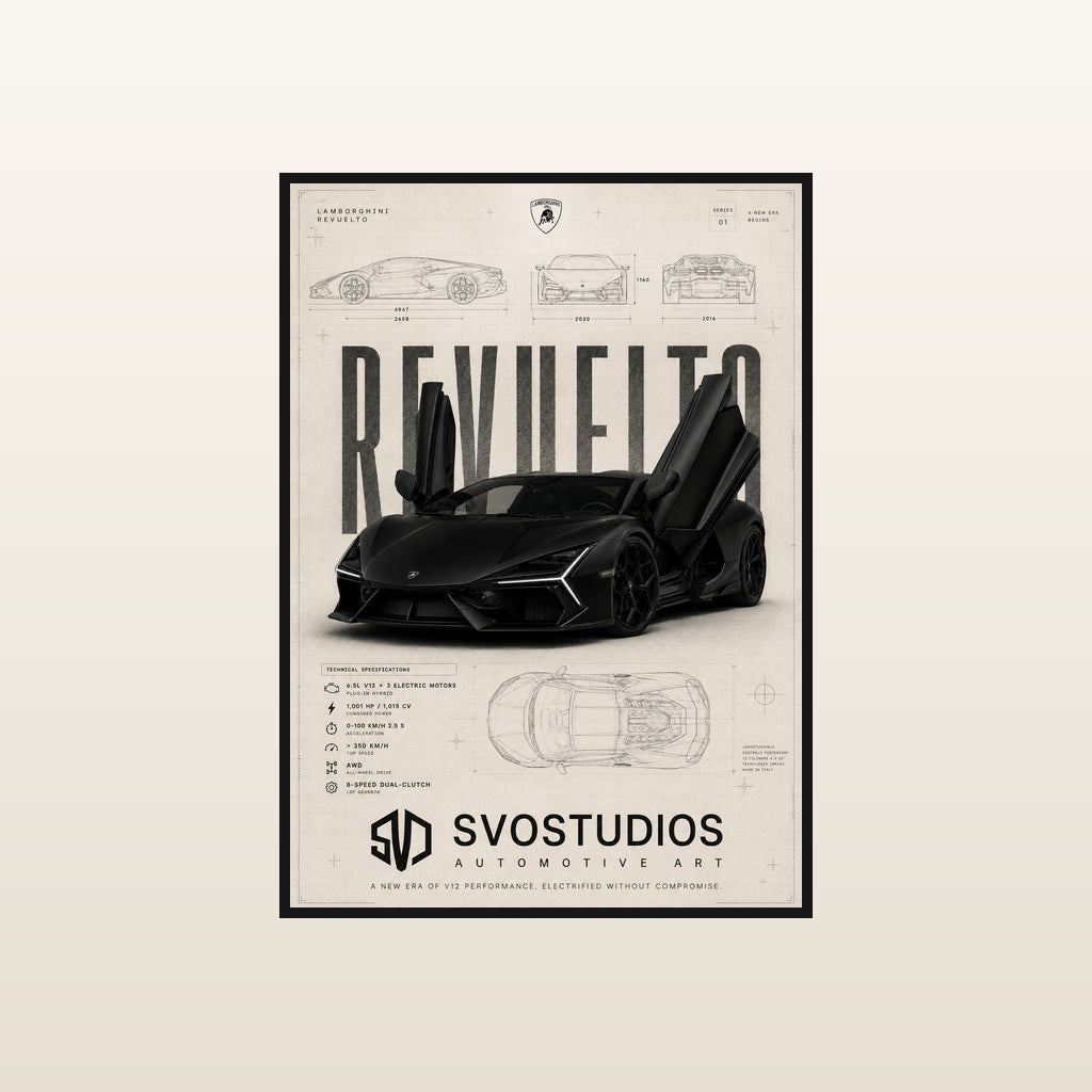 Matte Black Revuelto Warm Technical Blueprint in Standard black frame