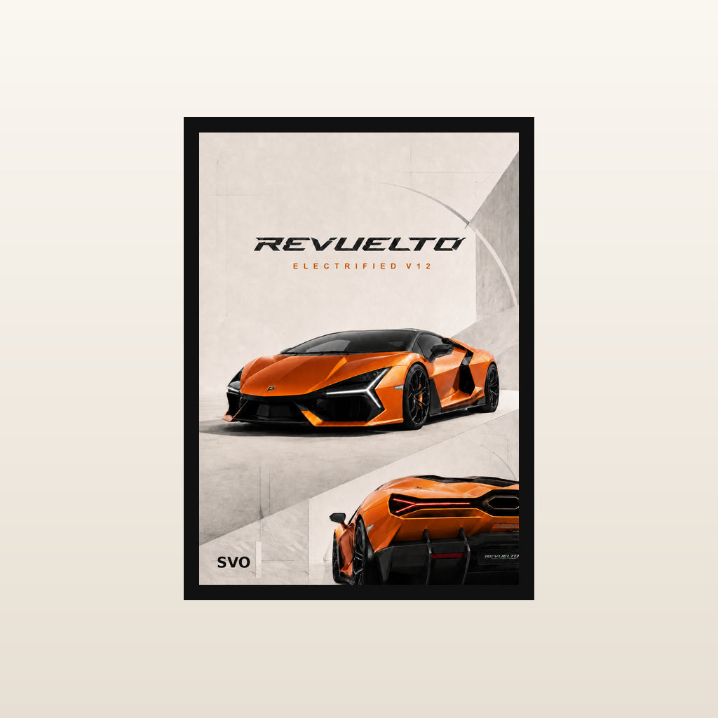 Orange Revuelto Electrified V12 Automotive Wall Art in Classic black frame