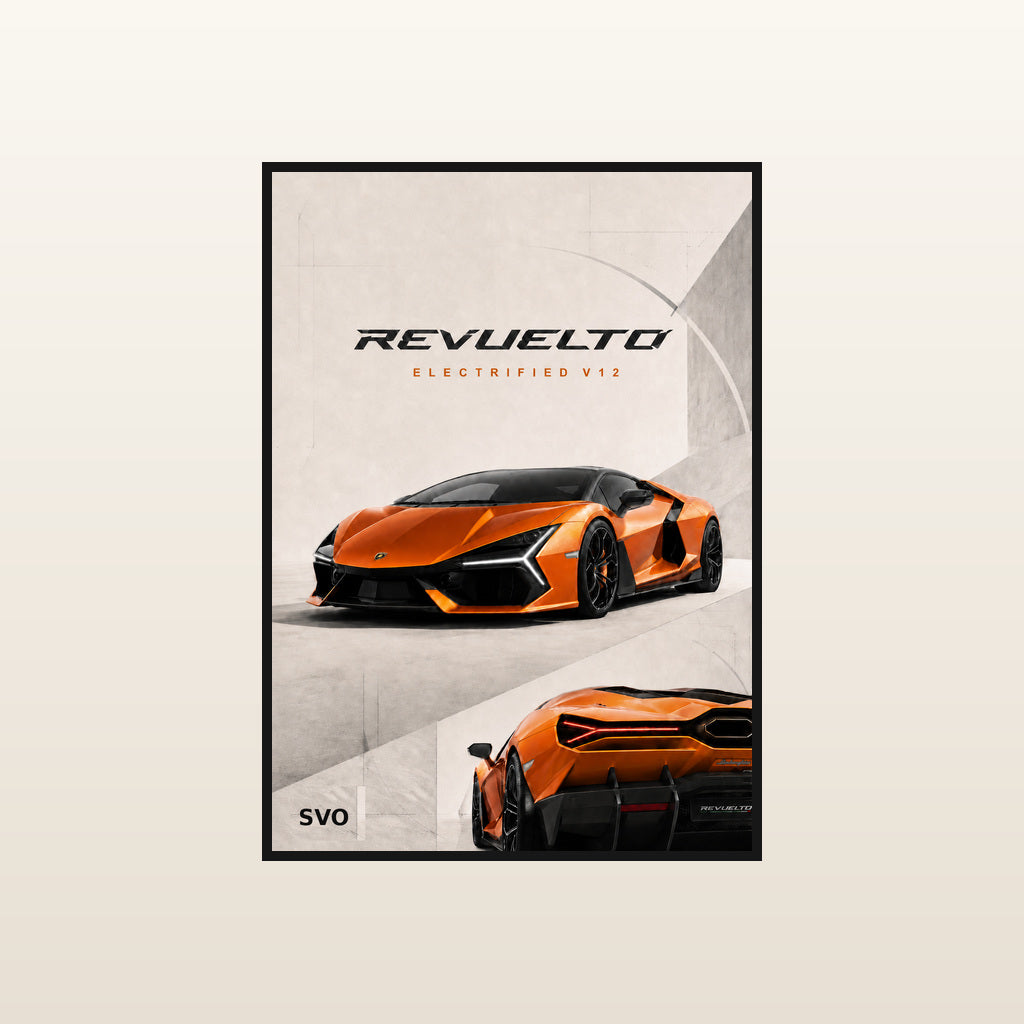 Orange Revuelto Electrified V12 Automotive Wall Art in Standard black frame