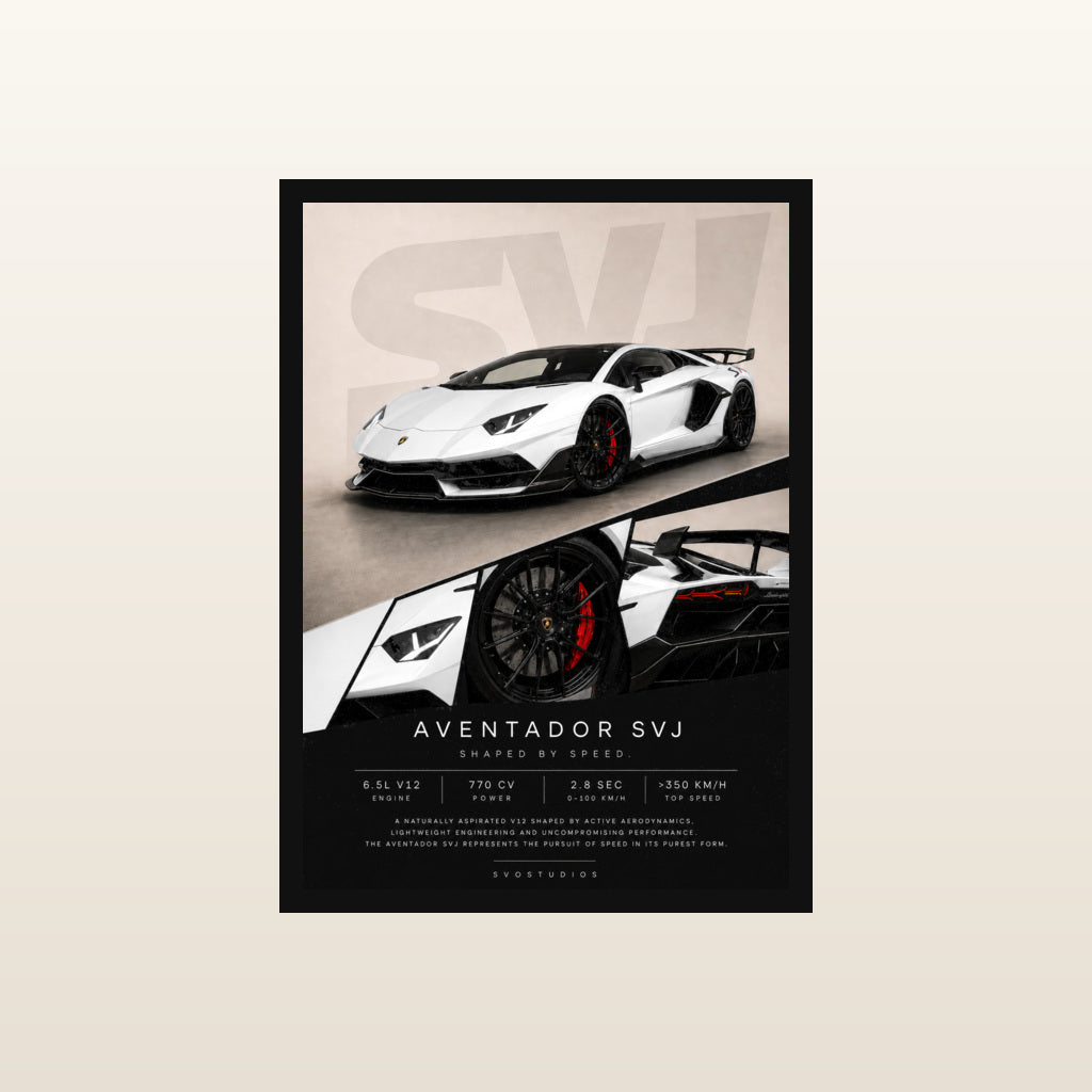 Pearl White Aventador SVJ Automotive Wall Art in Classic black frame