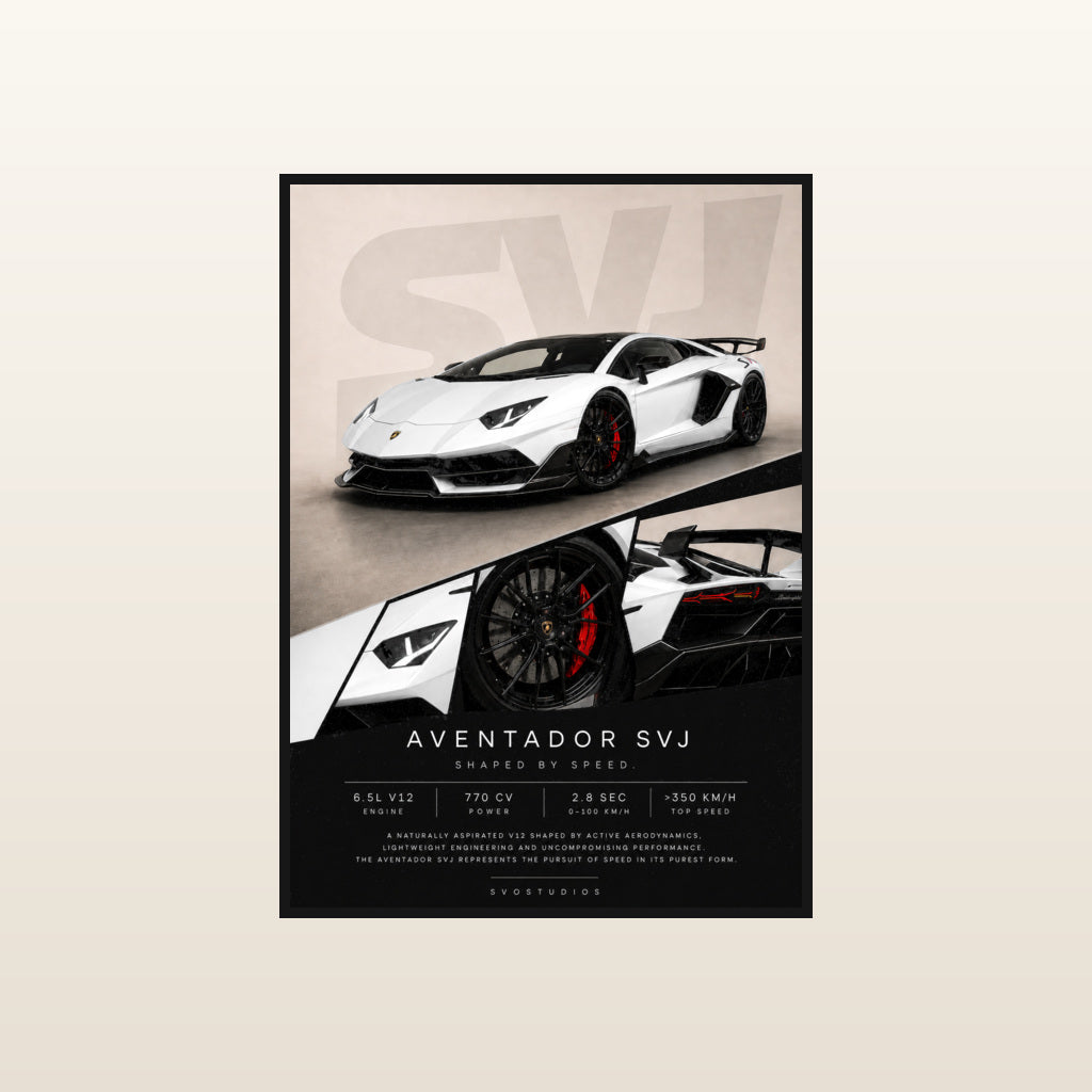 Pearl White Aventador SVJ Automotive Wall Art in Standard black frame