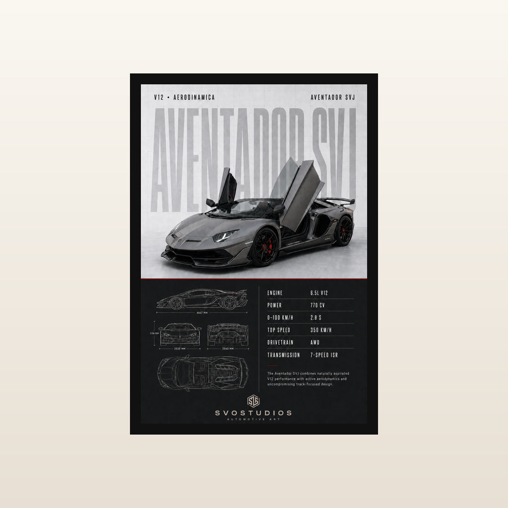 Satin Grey Aventador SVJ Technical Blueprint in Classic black frame