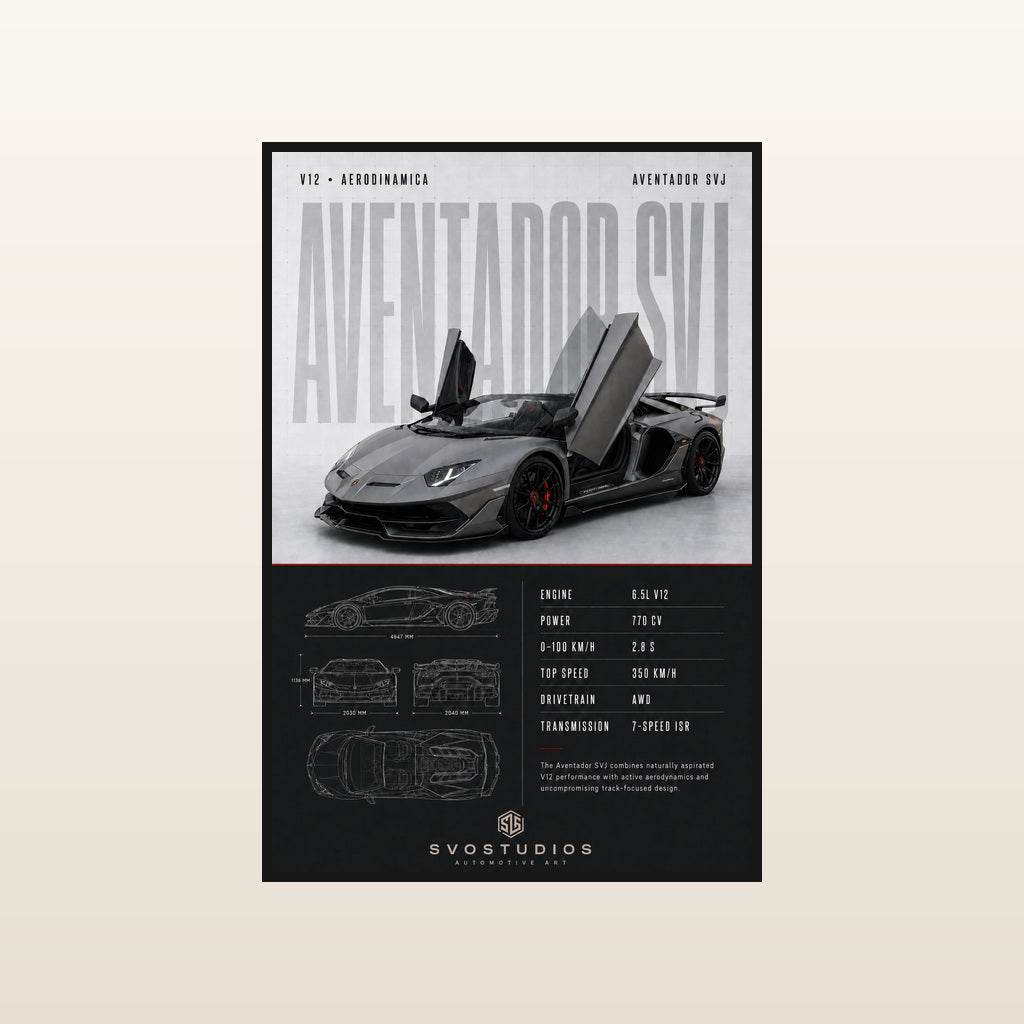 Satin Grey Aventador SVJ Technical Blueprint in Standard black frame