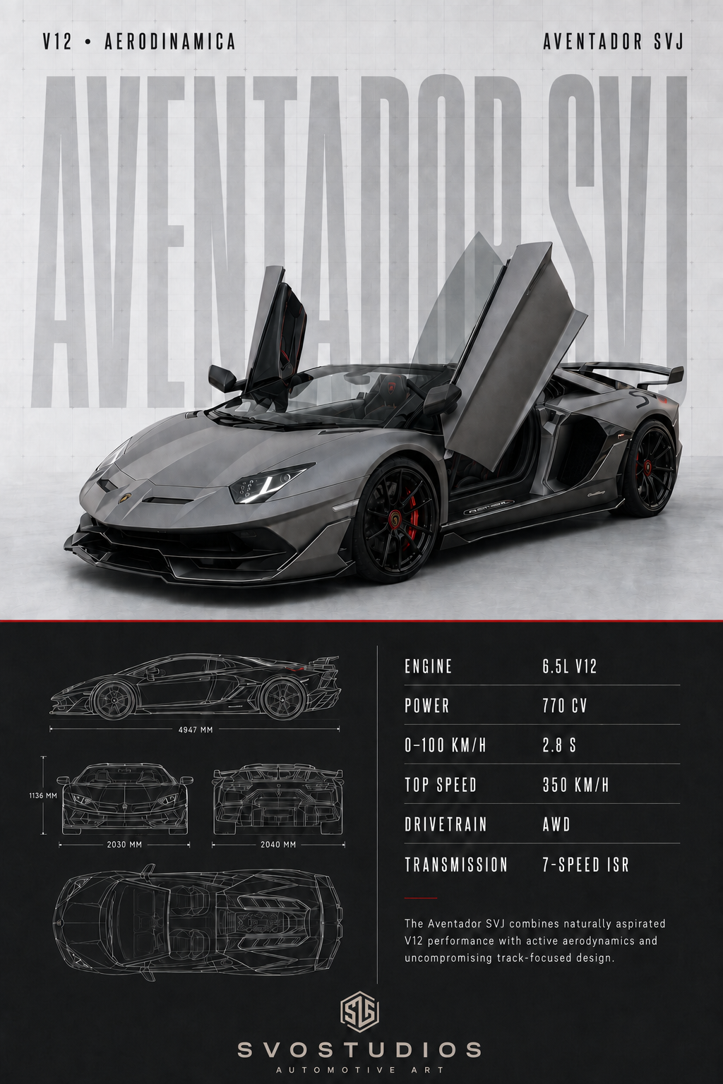Satin Grey Aventador SVJ technical blueprint artwork