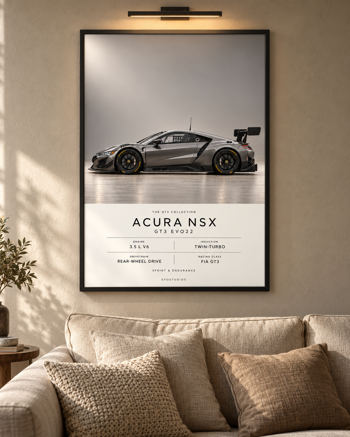 Acura NSX GT3 EVO22 — GT3 Studio Edition in a black Classic frame above a neutral sofa with warm picture lighting