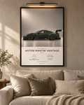 Aston Martin Vantage GT3 — GT3 Studio Edition in a black Classic frame above a neutral sofa with warm picture lighting
