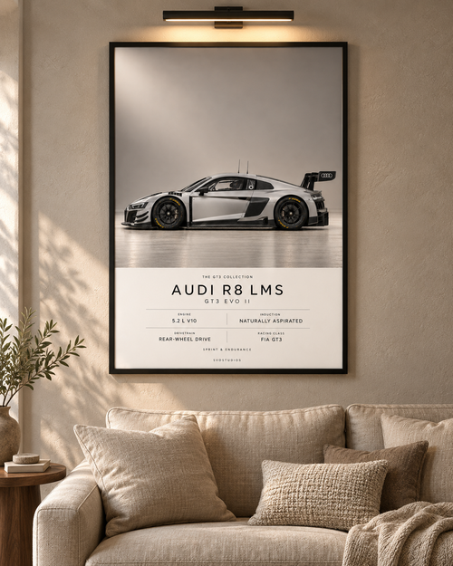 Audi R8 LMS GT3 EVO II — GT3 Studio Edition in a black Classic frame above a neutral sofa with warm picture lighting