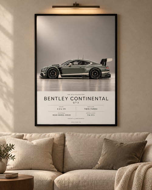 Bentley Continental GT3 — GT3 Studio Edition in a black Classic frame above a neutral sofa with warm picture lighting