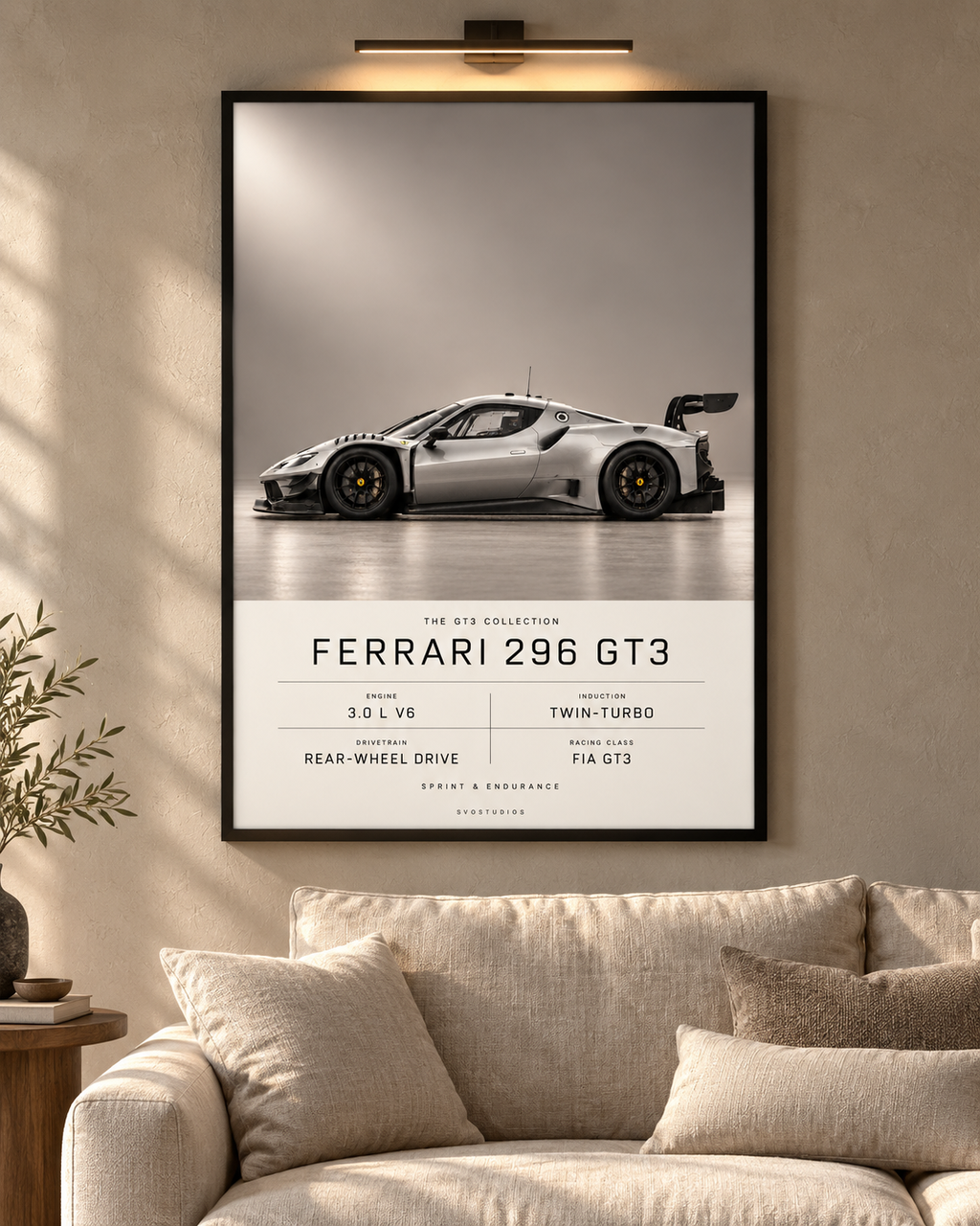 Ferrari 296 GT3 — GT3 Studio Edition in a black Classic frame above a neutral sofa with warm picture lighting