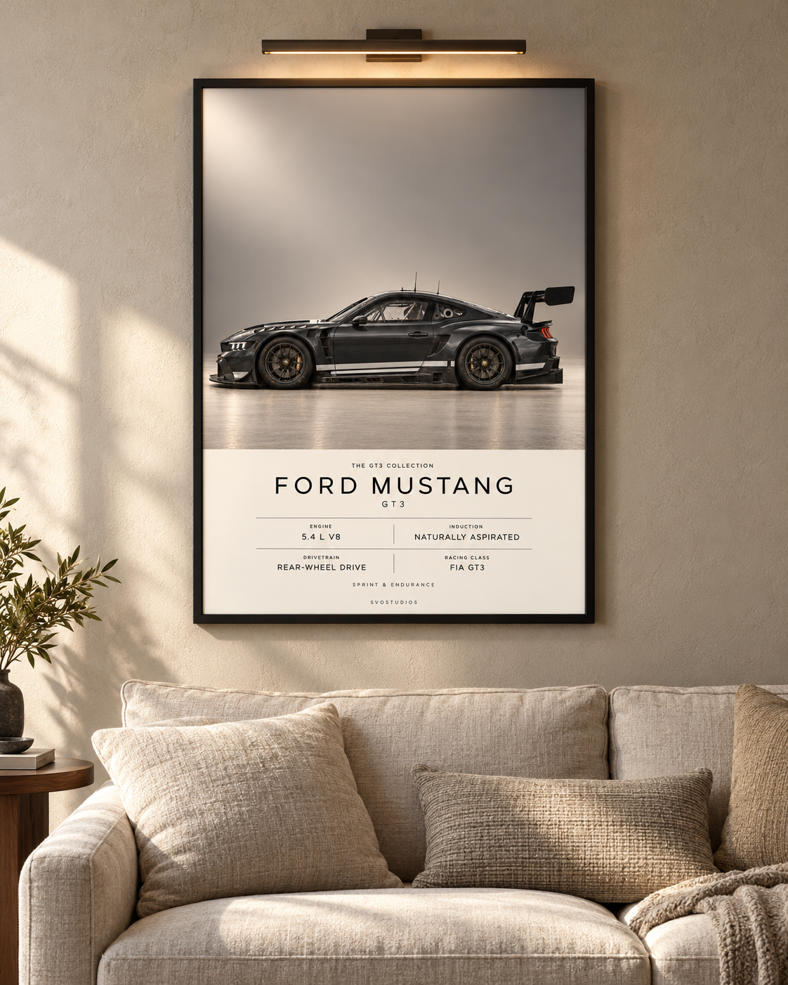 Ford Mustang GT3 — GT3 Studio Edition in a black Classic frame above a neutral sofa with warm picture lighting