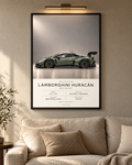 Lamborghini Huracán GT3 EVO2 — GT3 Studio Edition in a black Classic frame above a neutral sofa with warm picture lighting