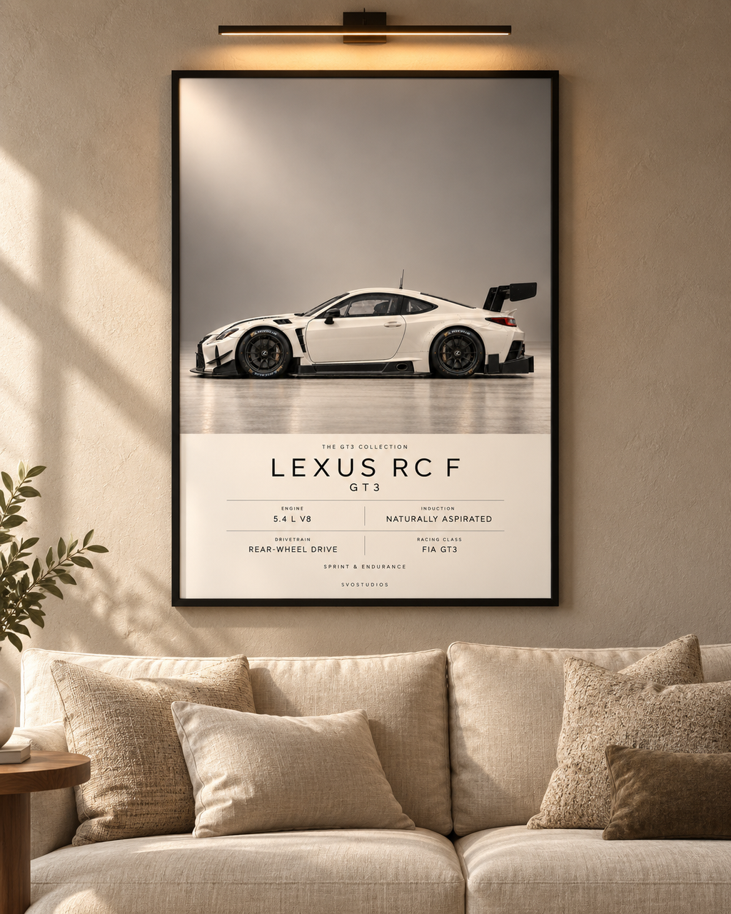 Lexus RC F GT3 — GT3 Studio Edition in a black Classic frame above a neutral sofa with warm picture lighting