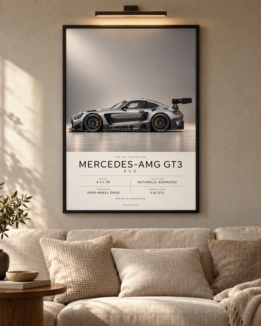Mercedes-AMG GT3 EVO — GT3 Studio Edition in a black Classic frame above a neutral sofa with warm picture lighting