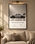 Nissan GT-R Nismo GT3 — GT3 Studio Edition in a black Classic frame above a neutral sofa with warm picture lighting