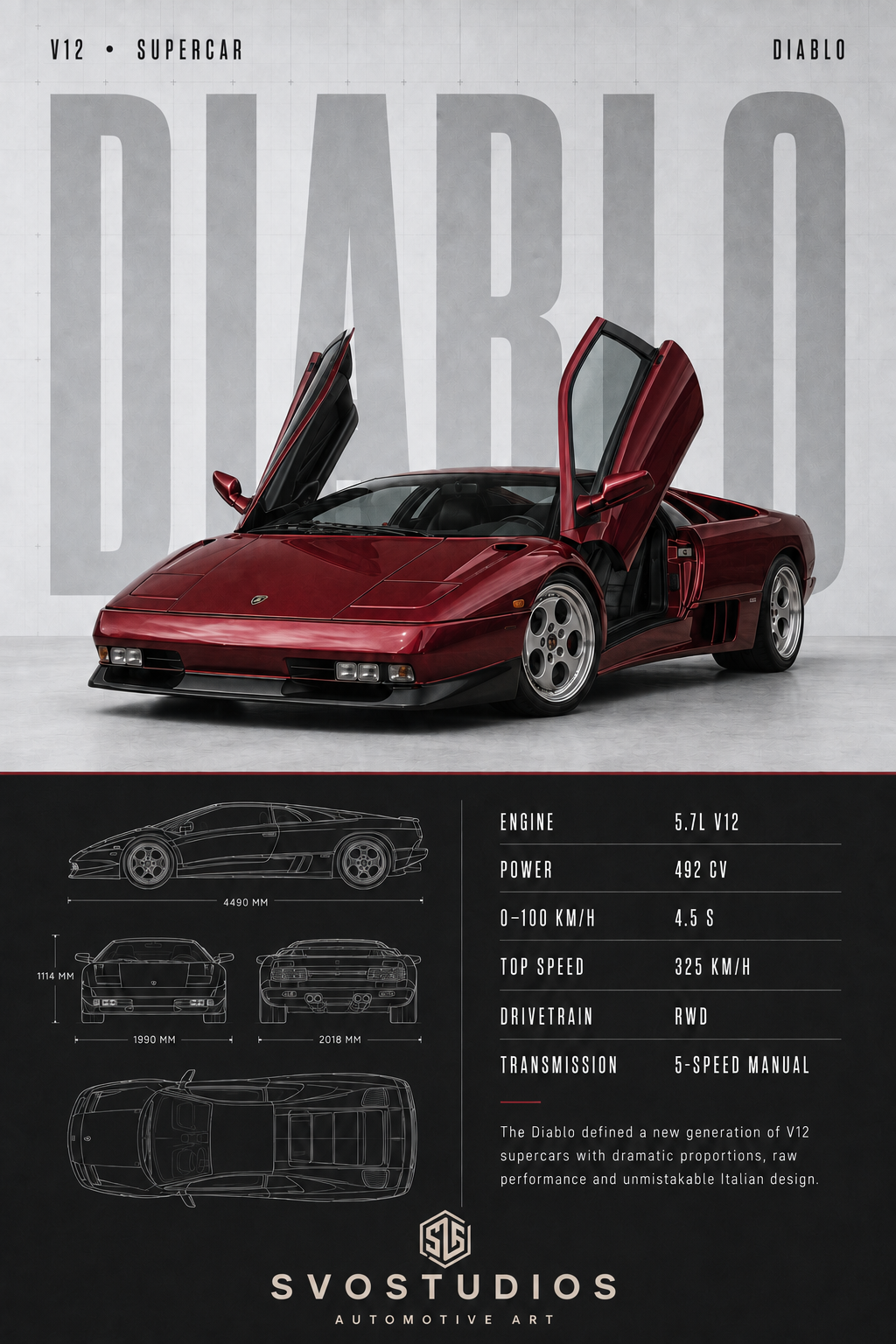 Burgundy Lamborghini Diablo technical blueprint artwork