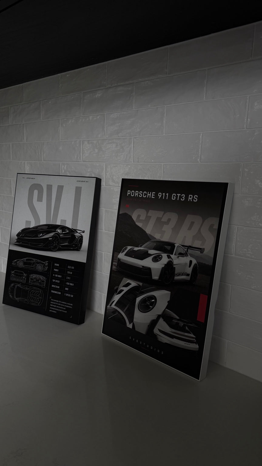 Black Aventador SVJ Technical Blueprint shown as a real framed product