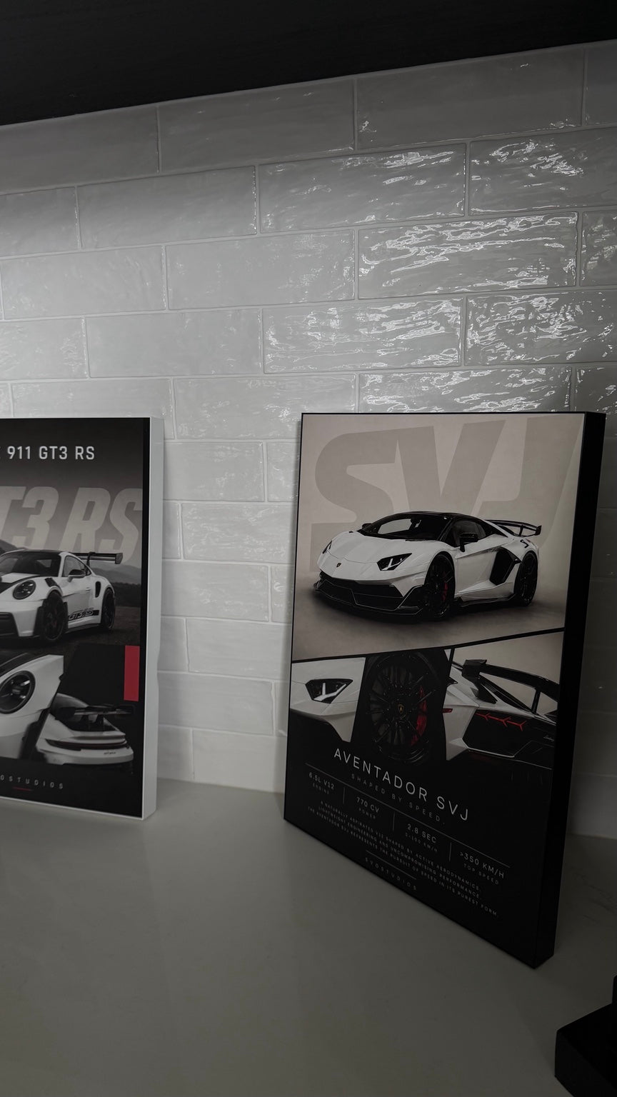 Pearl White Aventador SVJ shown as a real framed product