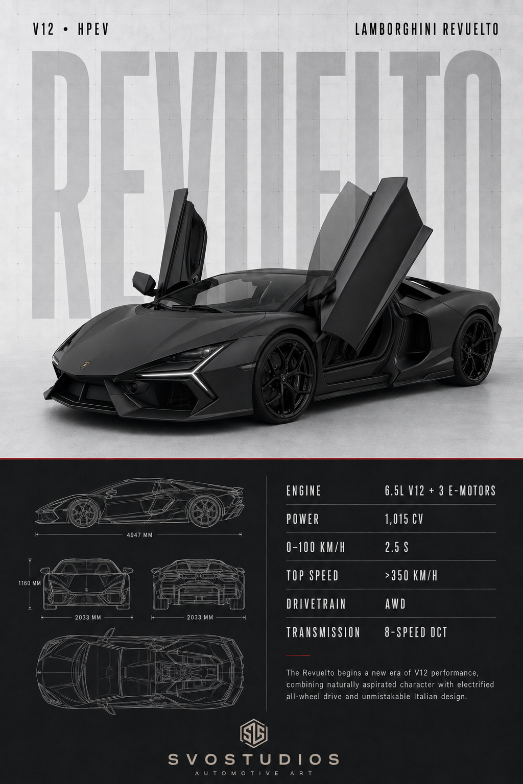 Matte Black Revuelto Split-Panel Technical Blueprint artwork