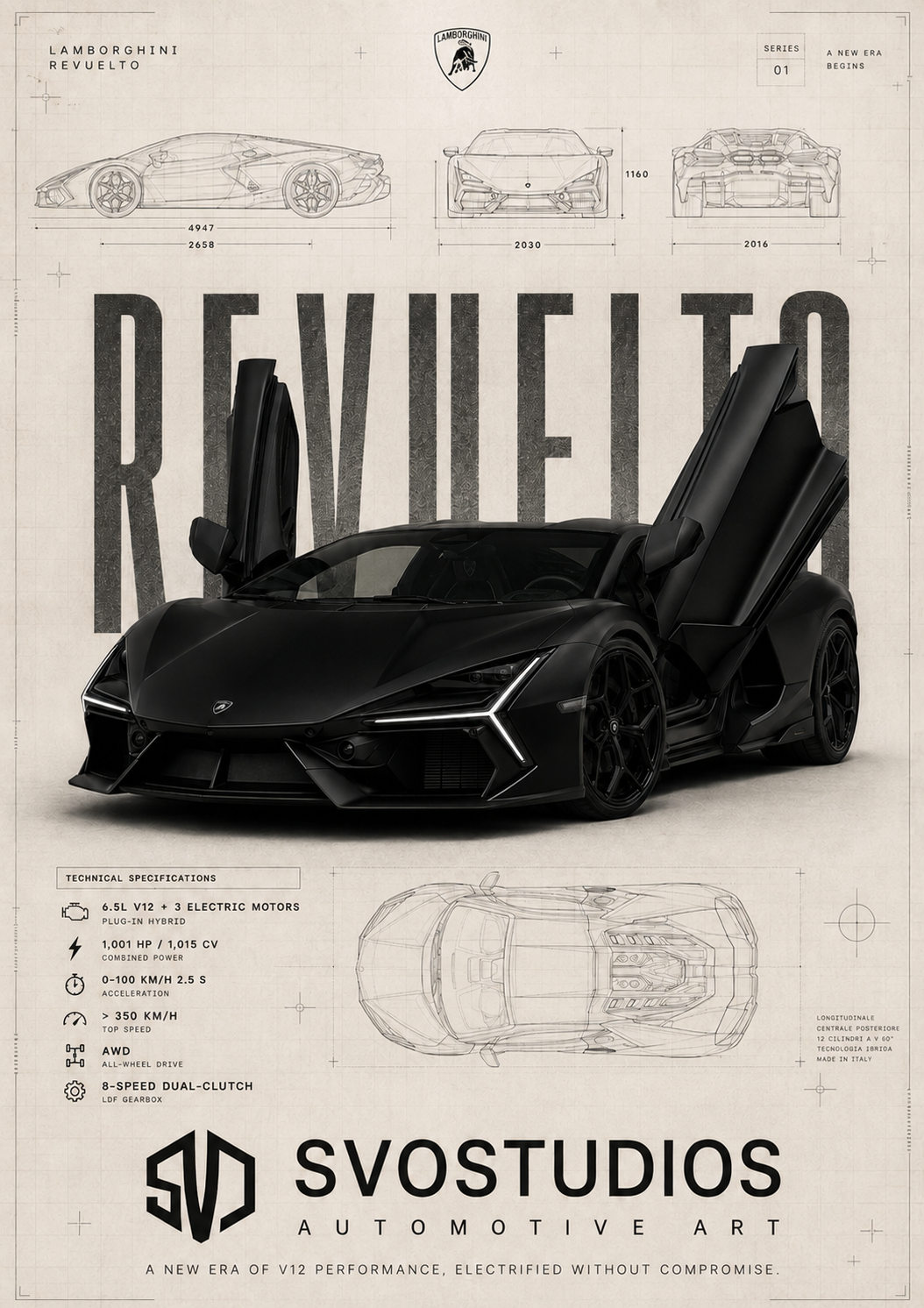 Matte Black Revuelto Warm Technical Blueprint artwork