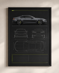 A personalised automotive technical poster mockup in a black frame