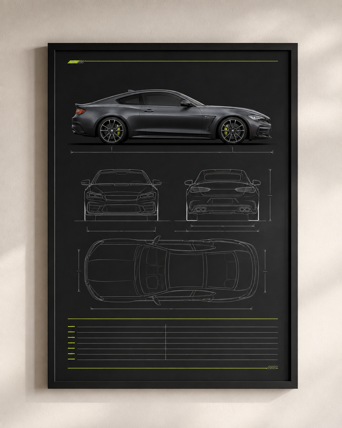 A personalised automotive technical poster mockup in a black frame