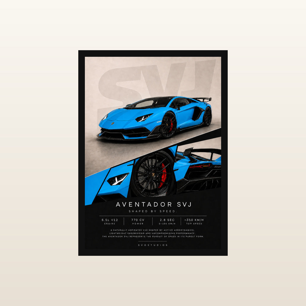 Vivid Blue Aventador SVJ Automotive Wall Art in Classic black frame