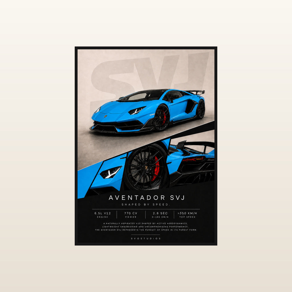 Vivid Blue Aventador SVJ Automotive Wall Art in Standard black frame