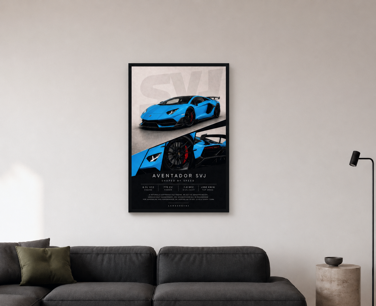 Vivid Blue V12 Wall Art in A1 black frame positioned above a couch